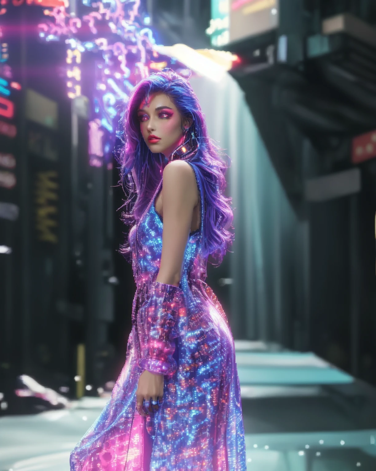 1girl, Fashion model, milano collection, (rainbowcolored colorfulglitter glowing clothes:1.2), stage, very wide shot, spot light, realistic, hyper-realistic, photorealistic,ultra-detailed,(realistic,photorealistic,photo-realistic:1.37),vivid colors,dramatic lighting,