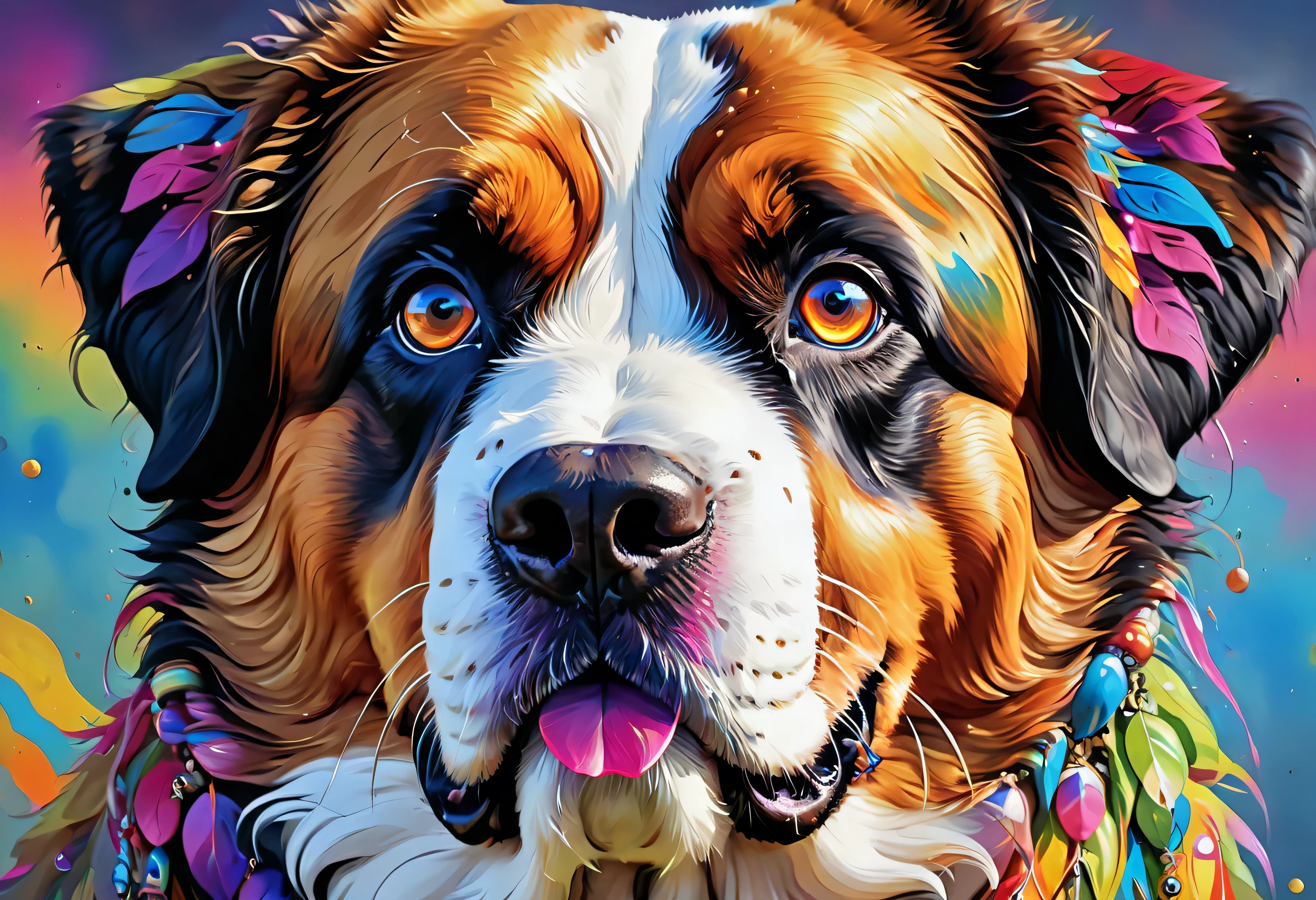 犬の絵 with a colorful face and eyes, BEAUTIFUL 4K ART , Detailed painting 4k,  a painting by Alessandro Pautasso, Rendered in high resolution, Vadim Kashin.  super real , in a Saint Bernard painting ,  Gautama Buddha  Wearing a Papillon Picture {x},  Colourful and Detailed,  detailed 4k painting , Saint Bernard painting 