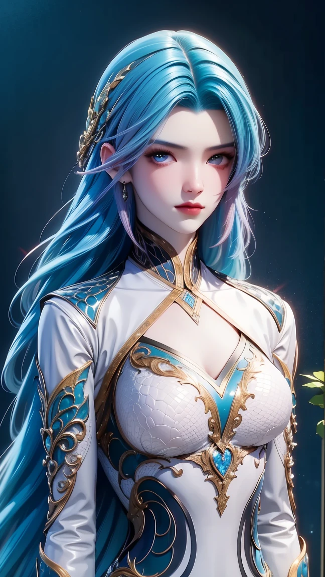 (masterpiece),(best quality:1.5),8k,absurdres,highres, Glowing skin:1.3, shiny skin, oil skin, 
Wang dong,
1girl,solo,jewelry,(long hair:1.3),(blue hair), (multicolor hair:1.5),alpha transparency,see-through,dress, white dress,simple background,realistic,expressionless,closed mouth, (upper body:1.3), outdoor,(looking at viwer:1.7), garden, closed mouth,sitting, (Long sleeve), absurddress, body suit, Sharp gaze,