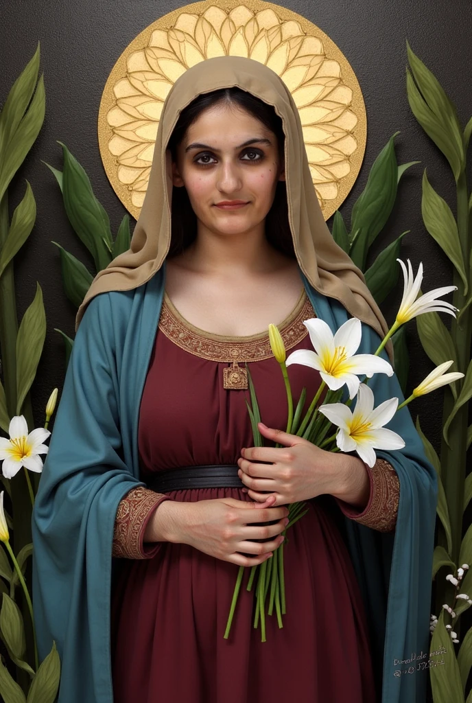 Oil painting by Raffaello Santi,A beautiful portrait (sks people),Pure Virgin Mary, slim,Jewish, Looking at the camera, Shy expression, Reddish brown tunic, Blue-grey cloak, Beige veil, With white lilies, garden, Complex, elegant, Very detailed, DIGITAL PAINTING, Art Station, Concept Art, , Sharp focus, Illustration, Krentz Casciat、Artem Demra、Art by Alphonse Mucha, ((Golden aura))