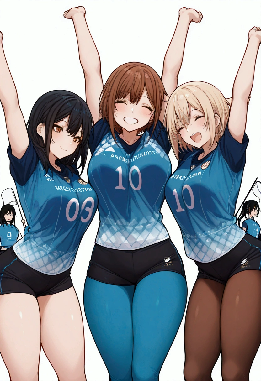 Four femenine volley ball team, four girls, volley uniform, tights black shorts leggings, perfect asses, firm tits, smiles, 4 girls stretching, firm thighs, volley net, simple bottom, Masterpiece, score 9, anime colors, AMERICAN SHOT, beautiful, composition, HARMONY, high quality ,beautiful, feminine,