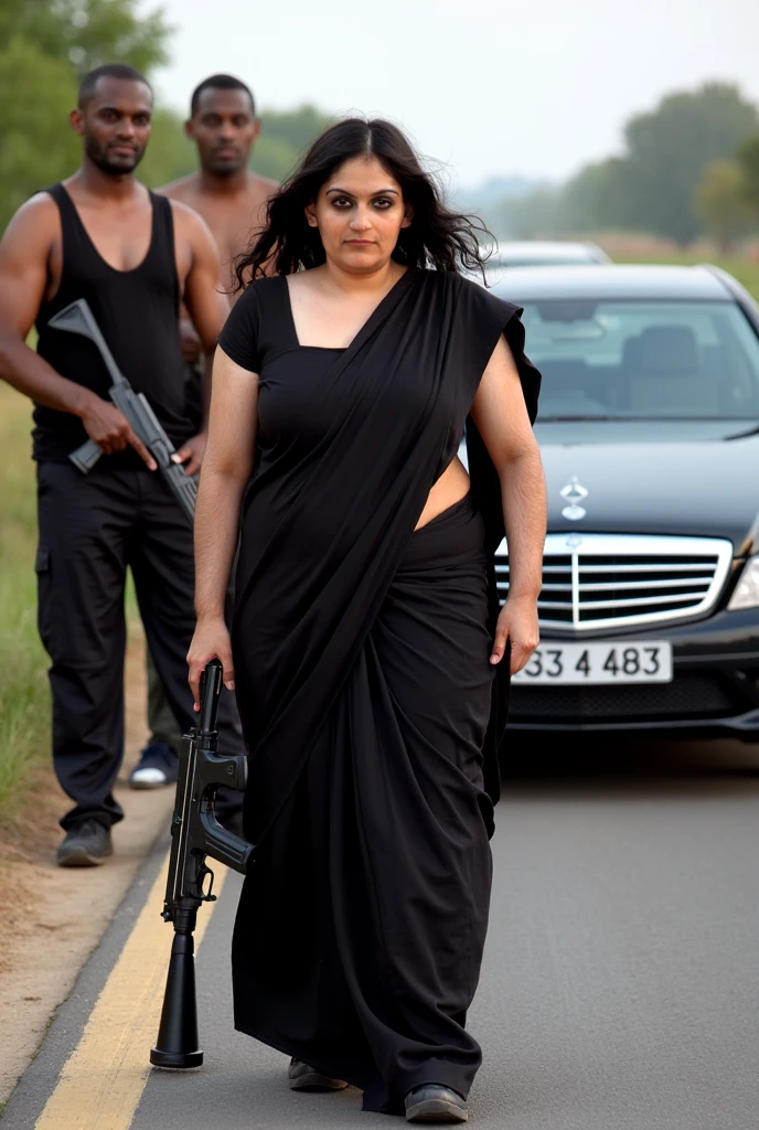 A gangleader mature woman, wearing a black saree, very serious, showing off her big breasts, deep cleavage, and round buttocks, standing on the side of a large highway with some body guards. They are big, muscular African men, wearing black v shape innerwer, top less , holding M-24 guns in their hands, standing in a row, behind them are 3 black Benz C class cars.