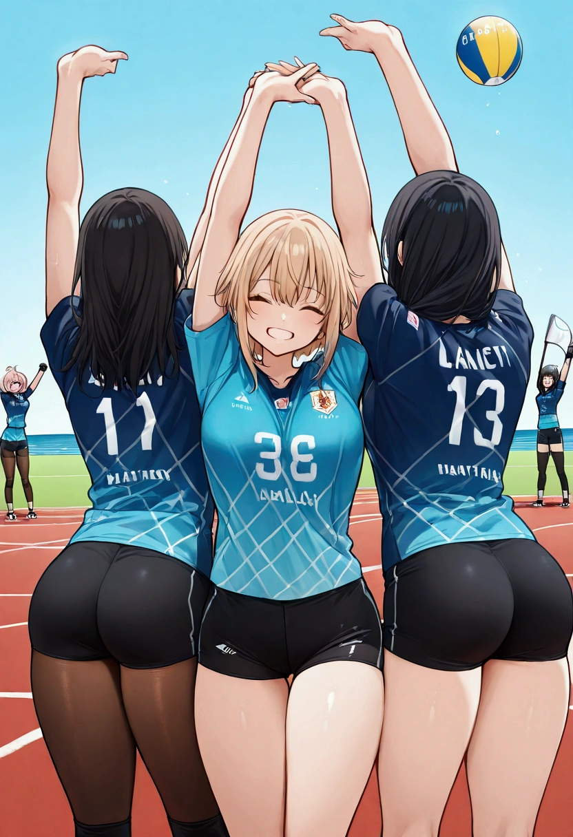 From behind, Four femenine volley ball team, four girls, volley uniform, tights black shorts leggings, perfect asses, firm tits, smiles, 4 girls stretching, firm thighs, volley net, simple bottom, Masterpiece, score 9, anime colors, AMERICAN SHOT, beautiful, composition, HARMONY, high quality ,beautiful, feminine,