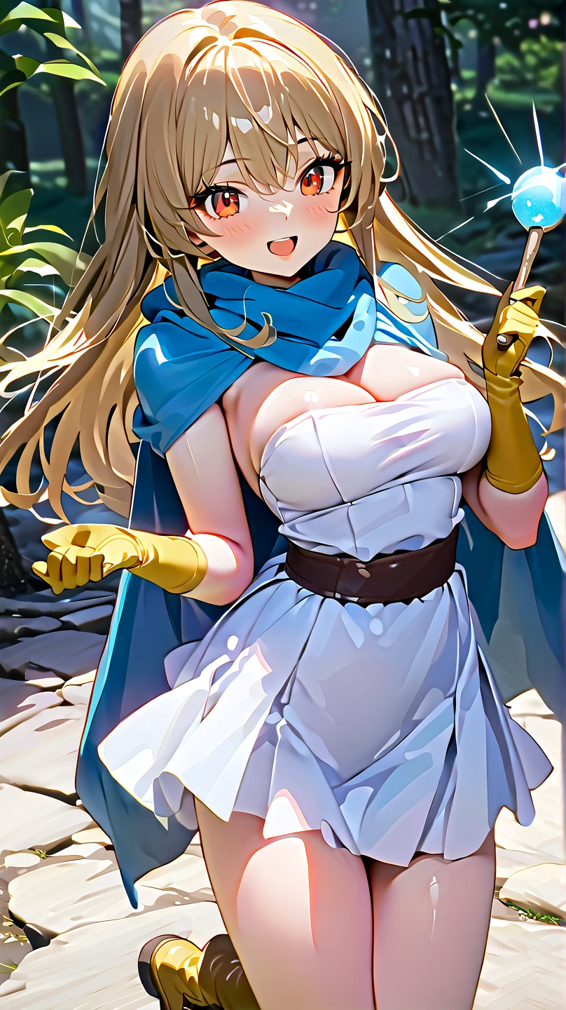 (                     girl),(  top quality , 8k, masterpiece:1.3),(                               beautiful eyes , )(                                medium breasts   ),( Amazing vibe                                 ),                                   Ultra-fine       , Sparkle Effect,           

smile, 
                     open your mouth slightly                    ,       
     clevis on a stone,

,
      White Strapless Dress    ,  white mini skirt,Brown belt,    Yellow Long Gloves    ,Yellow Boots,

       Light Blue Long Hair ,       red eyes,     Golden Circles Red Gems,  Blue Cloak, BLUE SCARF ,Long Tree Magic Wand   