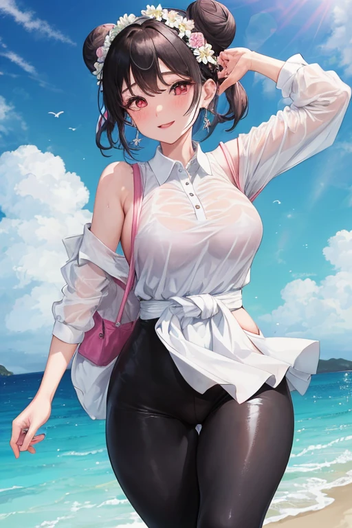 Create an anime-style female Pokémon character. she has fair skin, blue eyes and her hair is dark brown and styled in two large buns on each side of her head.. She is dressed in a tight white t-shirt with light blue sleeves.., with emblem on the chest and yellow shorts. The character wears white sneakers and is standing. Your body is well developed, Your breasts are full, Her waist is slender, your hips are wide and your thighs are thick. Your hands and feet are small. She has a beautiful smile.