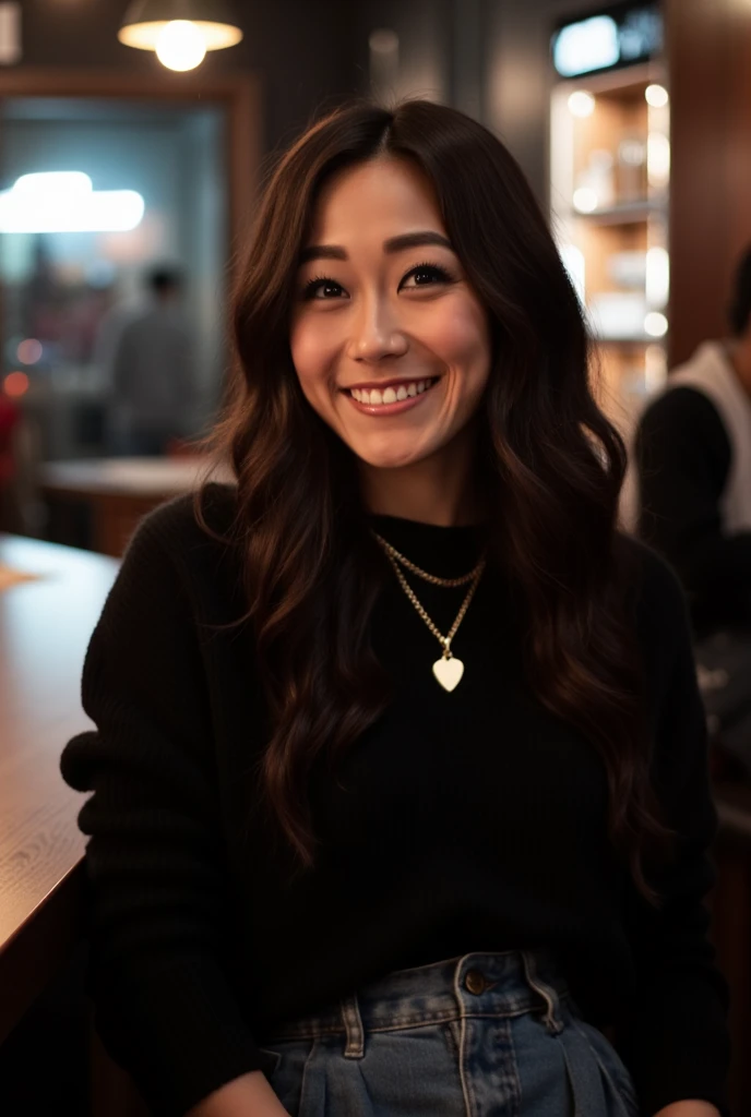 karfuku, siting at the stool of a dimly lit bar.  She has a warm, inviting smile, revealing her straight, white teeth with long, wavy, dark brown hair cascading over her shoulders. She is dressed in a black, tight long-sleeved, knit top, and denim Mid Rise Pleated Skirt. She accessorizes with a gold necklace with a heart pendant. full body, cowboy shot on a Sony Alpha 1 dslr 8k camera. there is a slight bokeh effect and film grain. she is looking at the viewer. Breasts