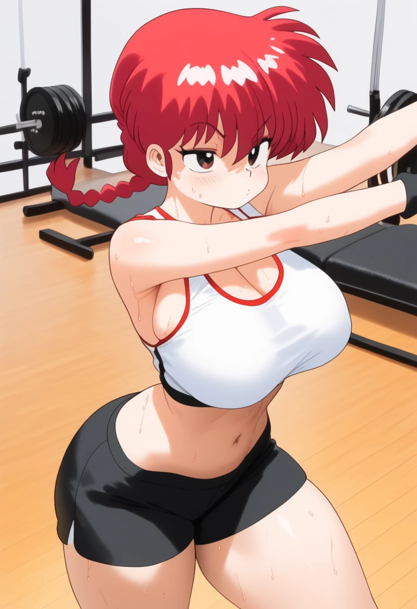  Ranma saotome , red hair, braided hair, Big boobs, NSFW, Pecho enorme, redondo,  inflated and overfilled breasts, abdomen sexy, beautiful face, pose sexy,  beautiful woman , fullbody, workout clothes, black exercise top,  black shorts,  bare navel ,  thick thighs , sweat,  value leaving the body,  strong and marked abdomen,  hard abs , tired,  stretching, half-closed eyes 