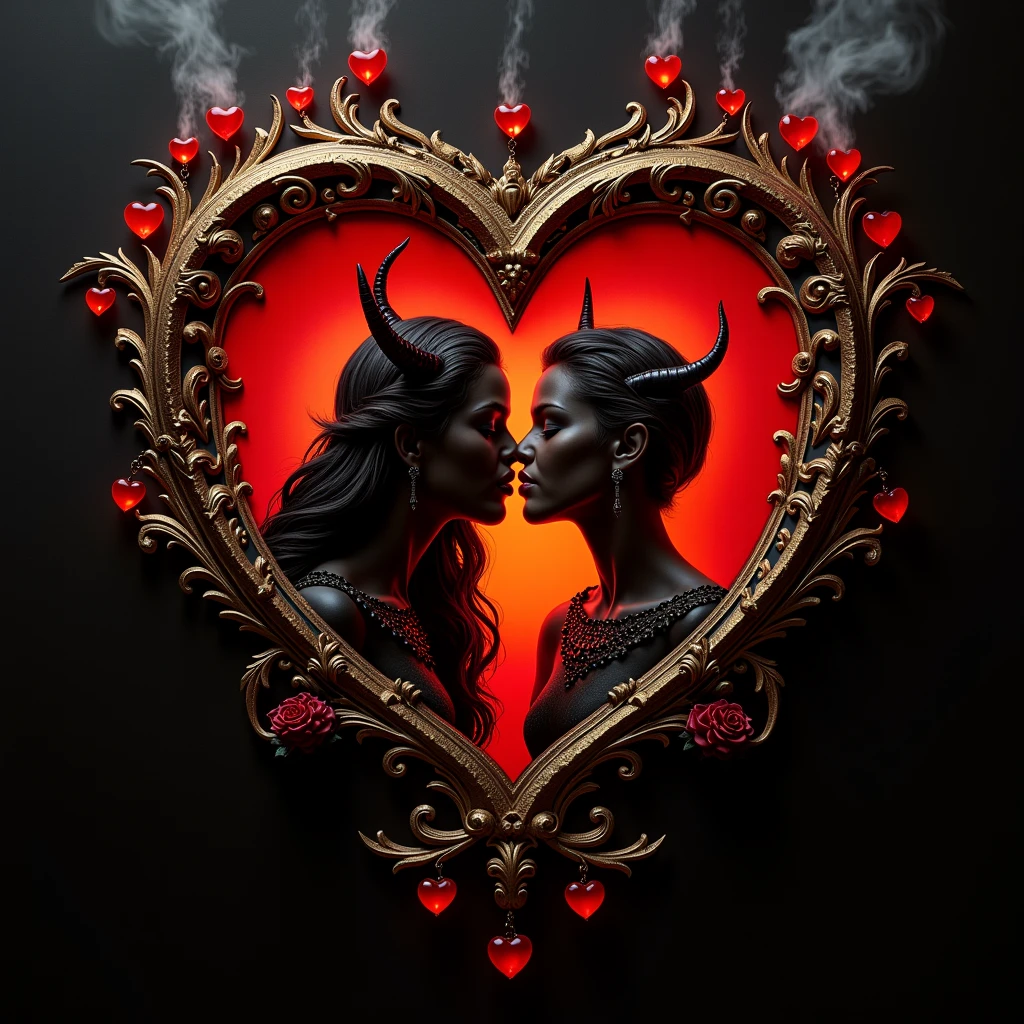 illustration of a woman in love with a happy male demon, in the style of contemporary siren, demonic photograph, trompe-l'œil illusionistic detail, Giger, Lovecraft, graceful balance, baroque sci-fi, sarah lucas, grayscale with a red heart