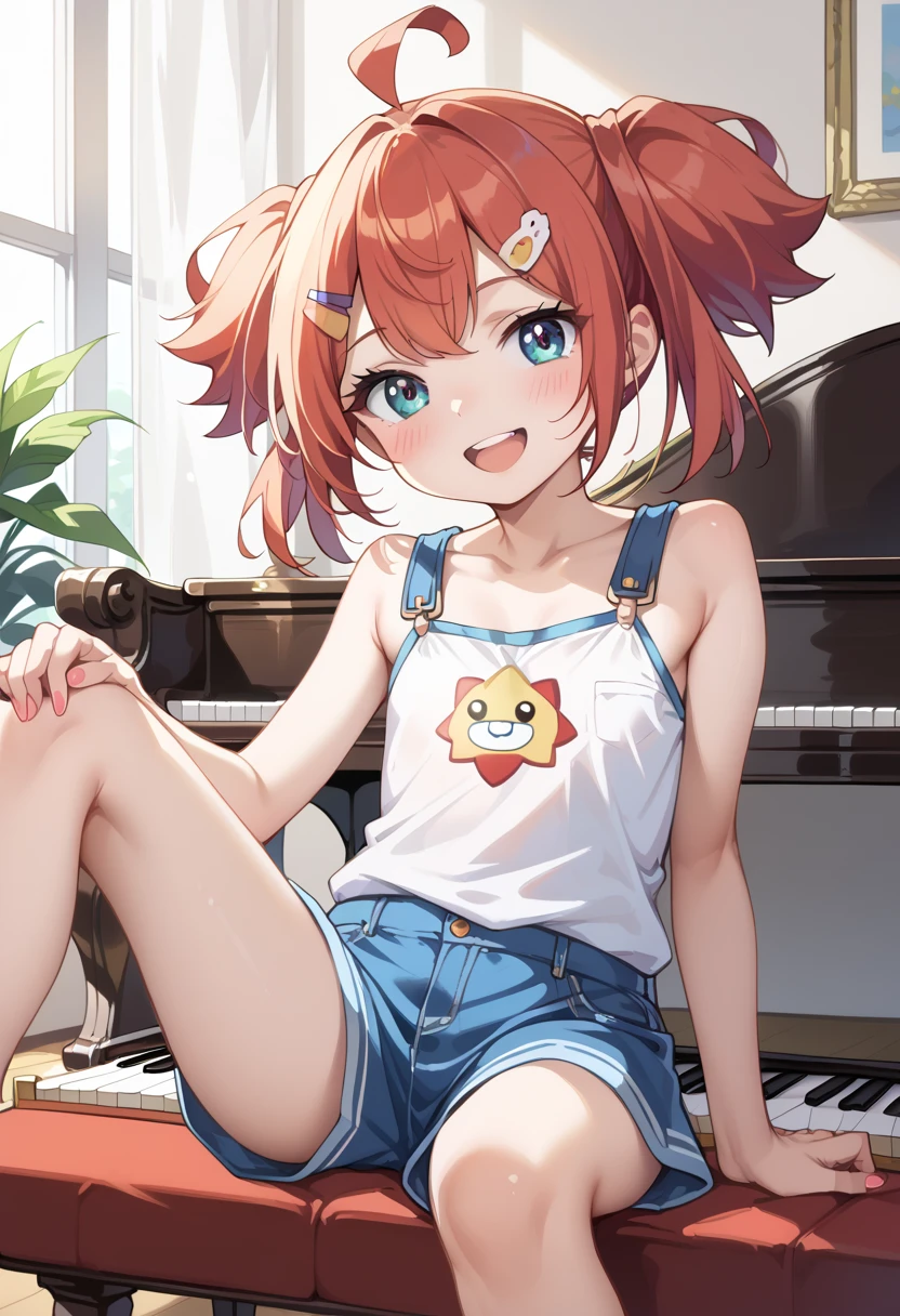 (( top quality )), ((masterpiece)), (be familiar with),  perfect face, indoor, bedroom, Watching viewers,
One woman, Yuen Hui,
 open mouth,  ecstatic expression beside the piano, blush, smile,
 small ,  flat chest, Young girl, Lori,  kids,  girl,
Short Hair,  twin tails,
Leg spread,