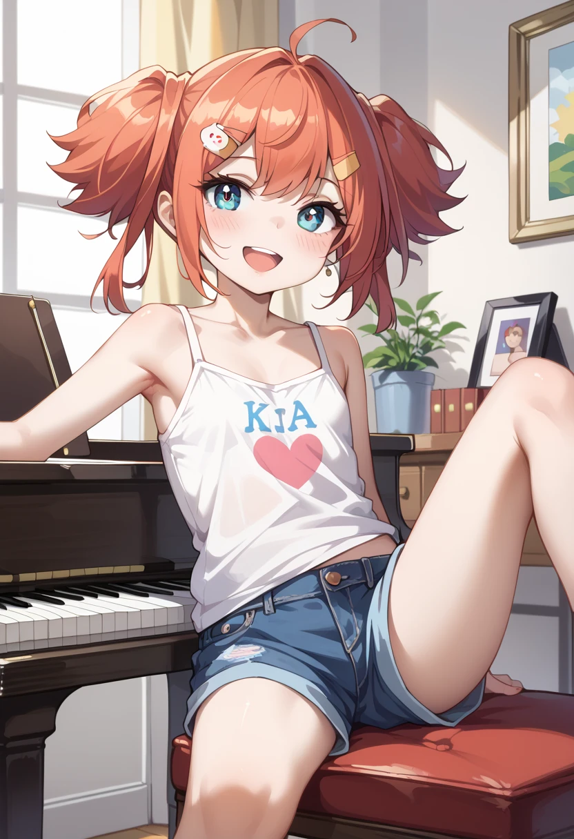 (( top quality )), ((masterpiece)), (be familiar with),  perfect face, indoor, bedroom, Watching viewers,
One woman, Yuen Hui,
 open mouth,  ecstatic expression beside the piano, blush, smile,
 small ,  flat chest, Young girl, Lori,  kids,  girl,
Short Hair,  twin tails,
Leg spread,