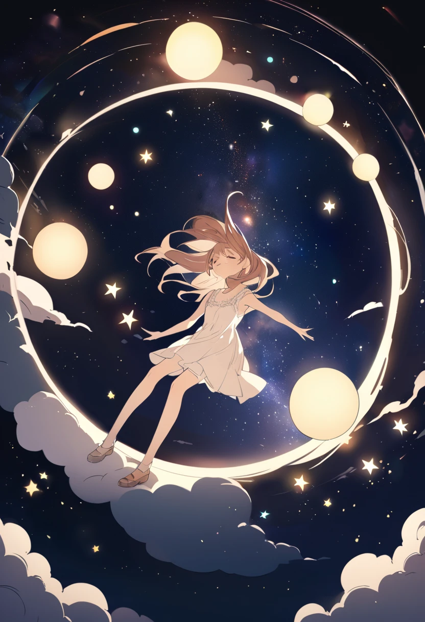  high detail,  super detailed ,  super high res, A girl having a good time in a dream galaxy, Surrounded by stars, The warm light that shines on her,  The background is a starry sky with colorful galaxies and galaxy clouds, The flying stars surrounding her々, delicate face,  Adding a Playful Atmosphere  ,