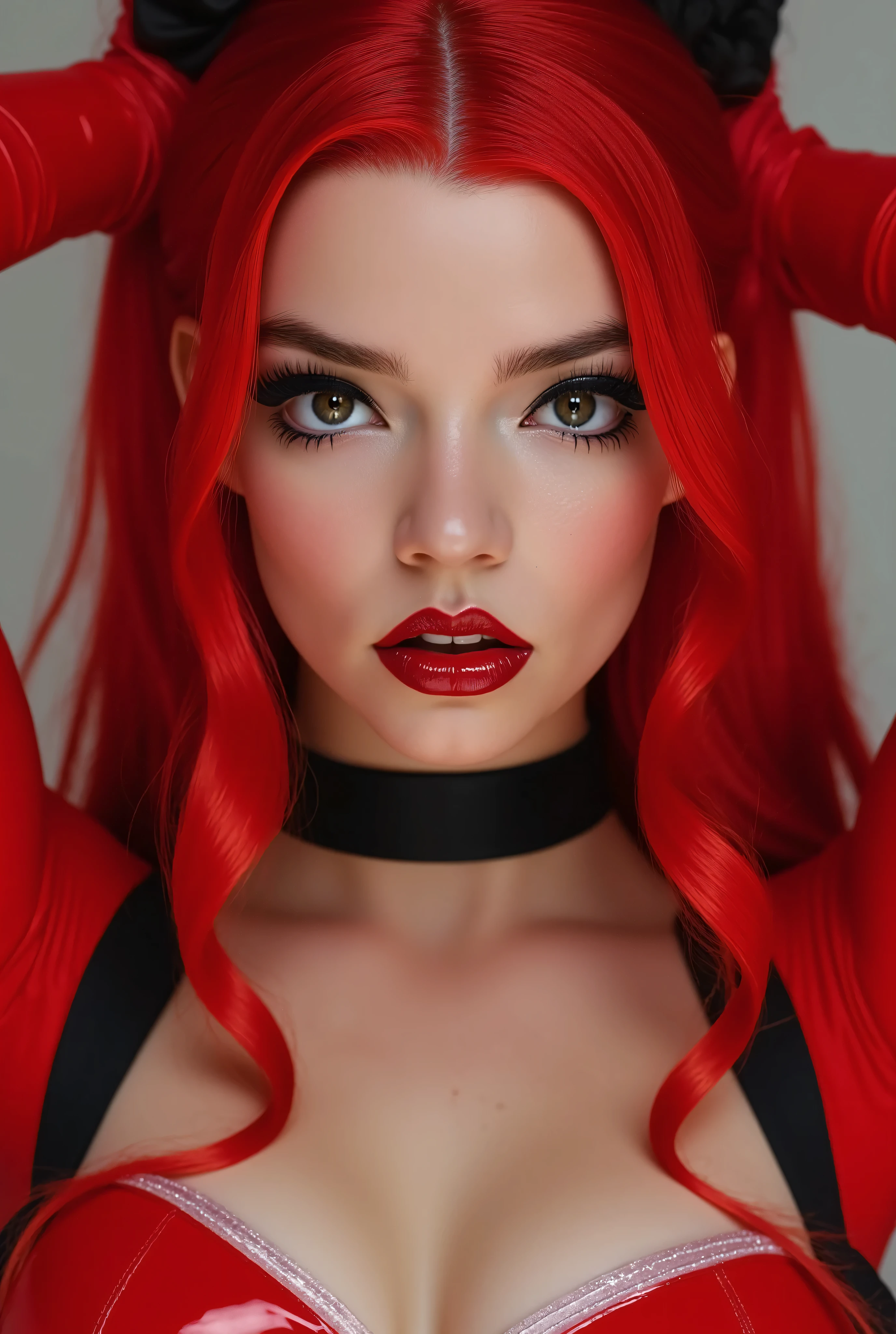 Beautiful girl, red lip gloss, eyeliner flicks, red lip gloss, sexy, latex schoolgirl outfit, body oil, extreme make up, red hair in pigtails, dark red lip gloss, shiny lips, reflective lips
