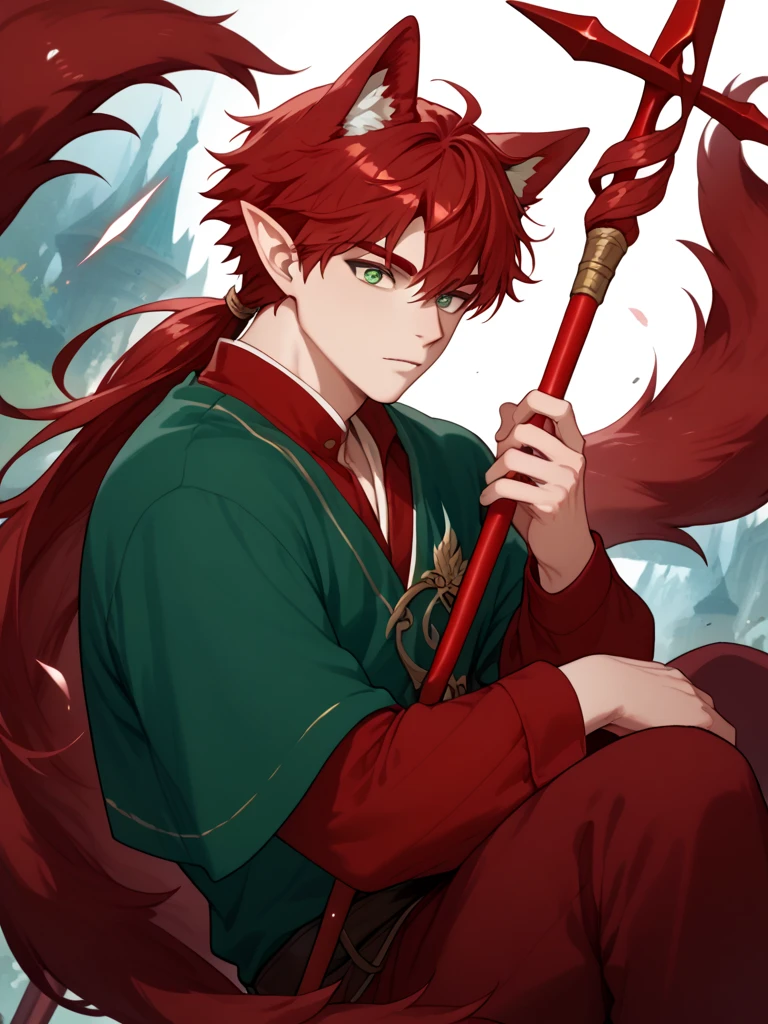 male young half-beast elf with red fur, he carrying a long spear wrapped in blue fabric in his left hand, loose clothes composed of cloaks over posts, wolf ears, green eyes, long red hair, intense gaze. , beast folk, 1 solo male.
