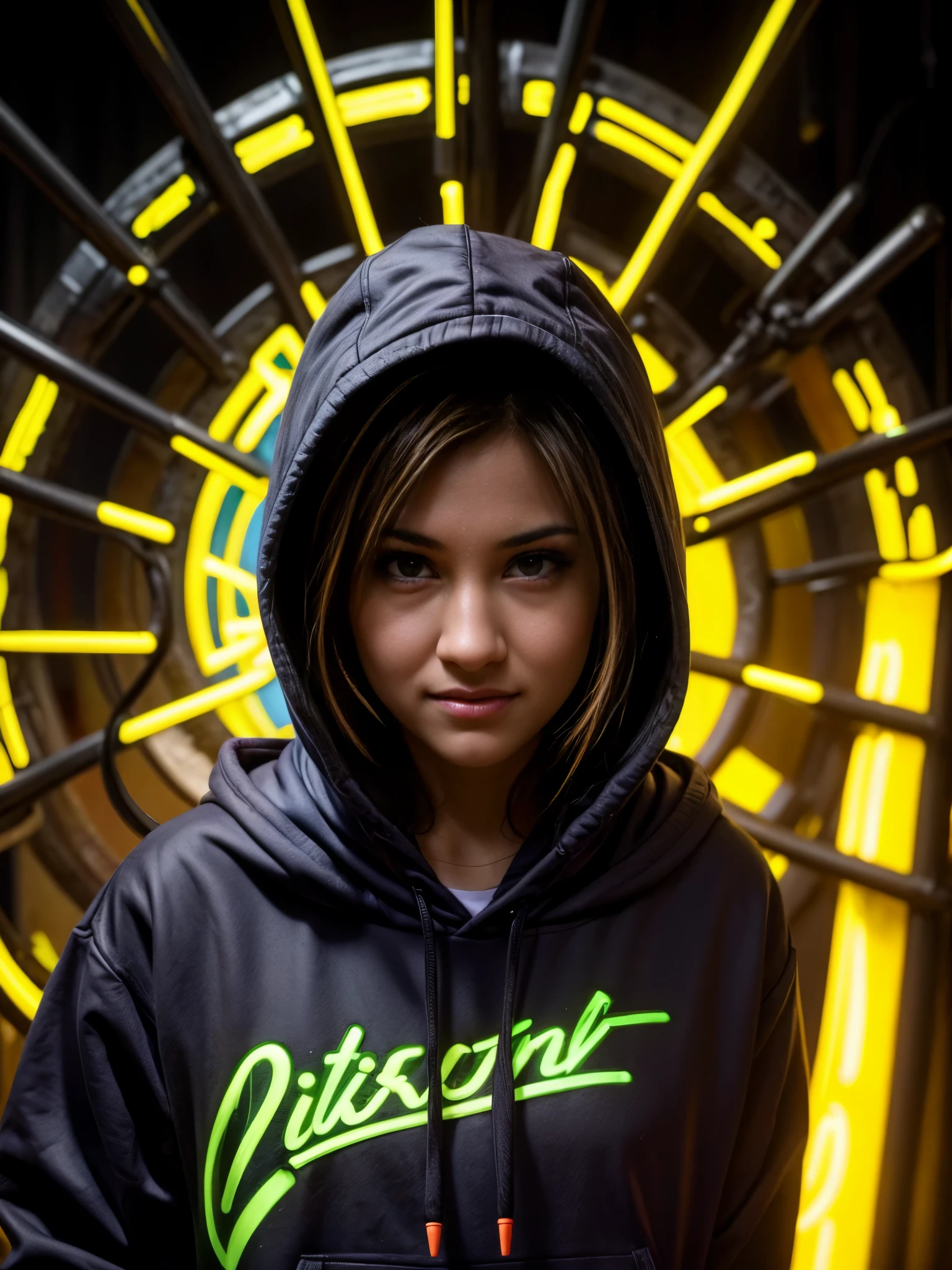 detailed background, masterpiece, best quality, smile, ornament, hoodie, portrait, yellow neon, graffiti, dark, night, glowing eyes, blacklight