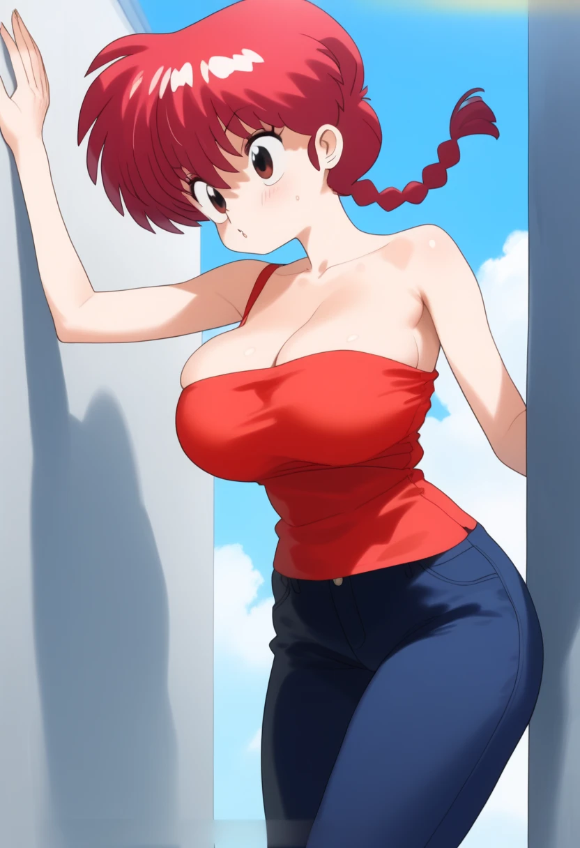  Ranma saotome , red hair, braided hair, Big boobs, NSFW, red tank top,  strapless , cleavage, Pecho enorme, redondo,  inflated and overfilled breasts, large implants, abdomen sexy, relaxed,  looking at the sky , tank top  strapless ,  strapless shirt , Blue pants, standing, leaning on the wall ,  breasts that are too tight in clothes, breast explosion ,