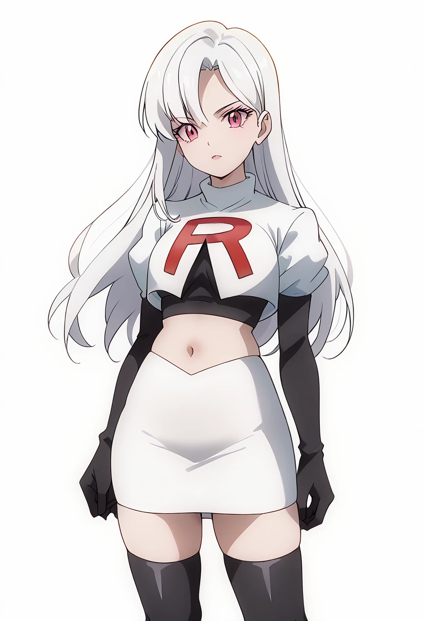 score_9_up,score_8_up,score_7_up,DL_MS,1girl,solo,white hair,looking at viewer,long hair,pink eyes,cowboy_shot,white_background,simple_background,team rocket,team rocket uniform,white skirt,red letter R,crop top,black thigh-highs,black elbow gloves