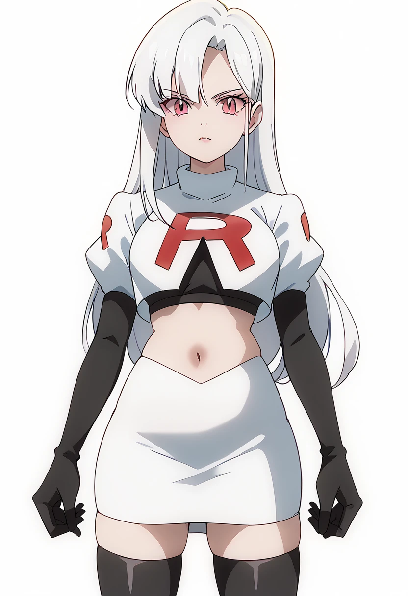 (extremely detailed CG unity 4k wallpaper),(masterpiece),(best quality),(ultra-detailed),(best illustration),(best shadow),(absurdres),(detailed background), Esdeath, 1girl, breasts, long hair, blue hair, blue eyes, large breasts, very long hair, nature, forest, tattoo, mature woman, team rocket,team rocket uniform, red letter R, white skirt,white crop top,black thigh-highs,black elbow gloves