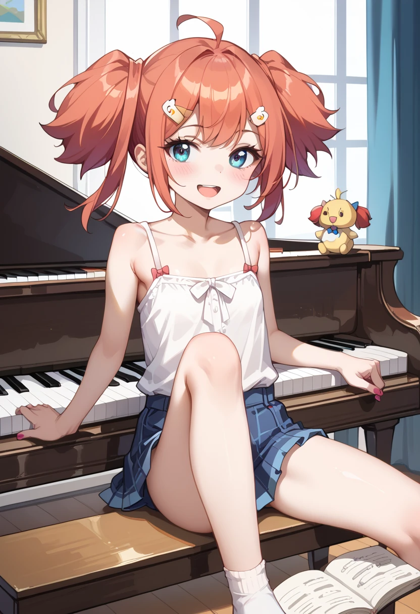 (( top quality )), ((masterpiece)), (be familiar with),  perfect face, indoor, bedroom, Watching viewers,
One woman, Yuen Hui,
 open mouth,  ecstatic expression beside the piano, blush, smile,
 small ,  flat chest, Young girl, Lori,  kids,  girl,
Short Hair,  twin tails,
Leg spread,