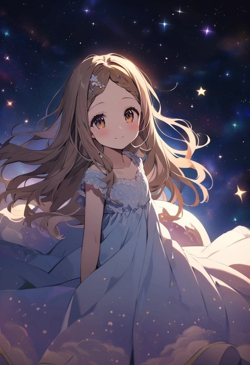   high detail,   super detailed  ,   super high res,  A girl having a great time in the galaxy of dreams , Surrounded by stars, Warm light shining on her ,  The background is a starry sky with colorful galaxy and galactic clouds, Flying stars surrounding her 々々, delicate face,   Adding a Playful Atmosphere   ,