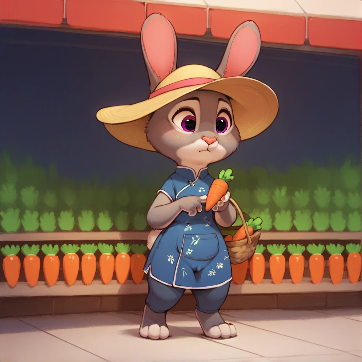 score_9, score_8_up, score_7_up, score_6_up, score_5_up, score_4_up, source_furry, rating_safe, woman at a grocery store shopping for vegetables, carrot, 1girl, female, bonnie hopps, rabbit ears, mammal, rabbit, anthro, mature female, purple eyes, solo, focused, looking at object, thinking, holding object, holding carrot, standing, shopping, basket, store,  two tone fur, grey fur, sun hat, full body, ,score_9, score_8_up, score_7_up,score_6_up, source_furry, Furry Mix PDXL, Cute furry girl, anthro,chinese dress, balcony, masterpiece, high quality, cameltoe
