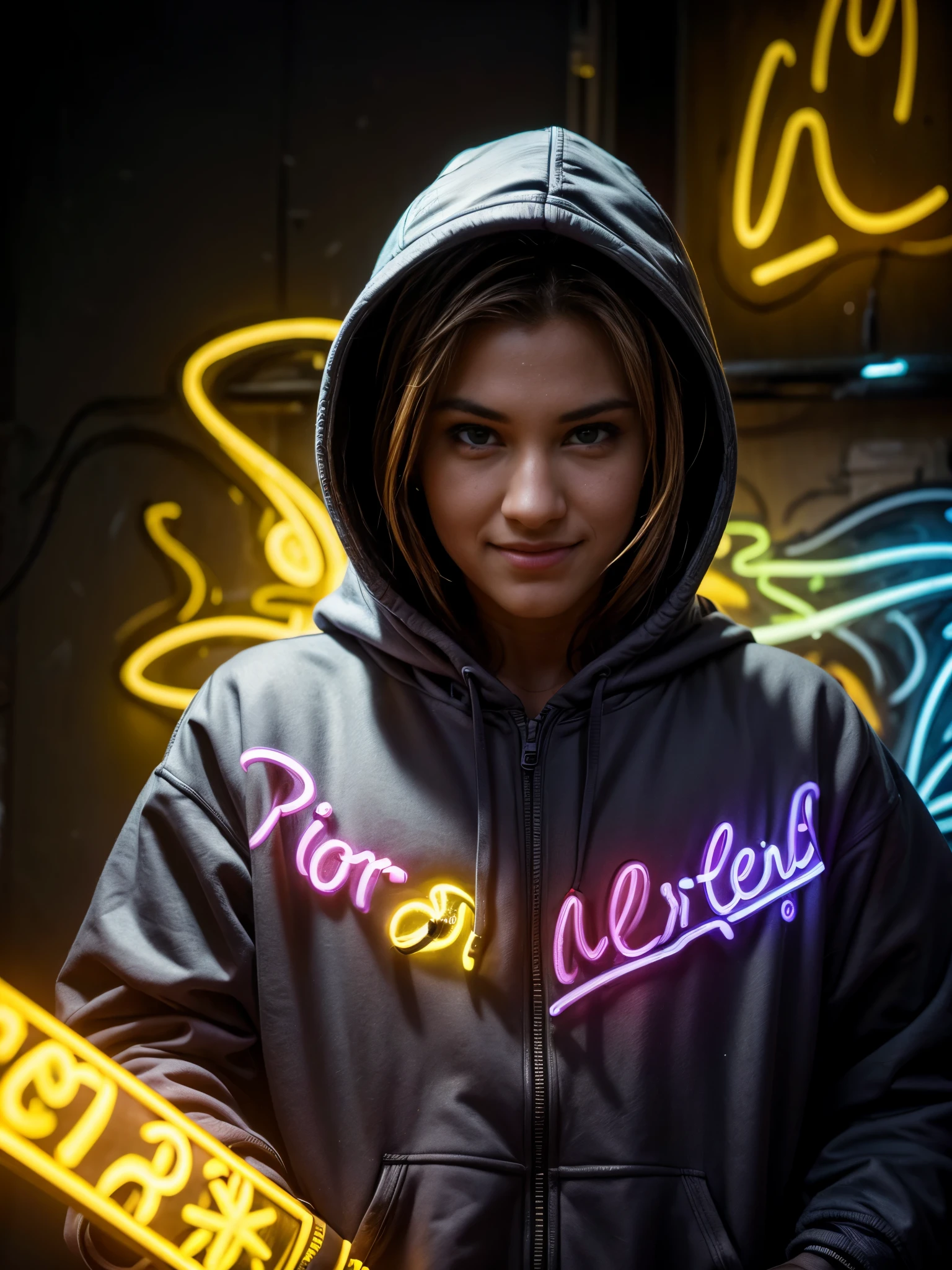 detailed background, masterpiece, best quality, smile, ornament, hoodie, portrait, yellow neon, graffiti, dark, night, glowing eyes, blacklight