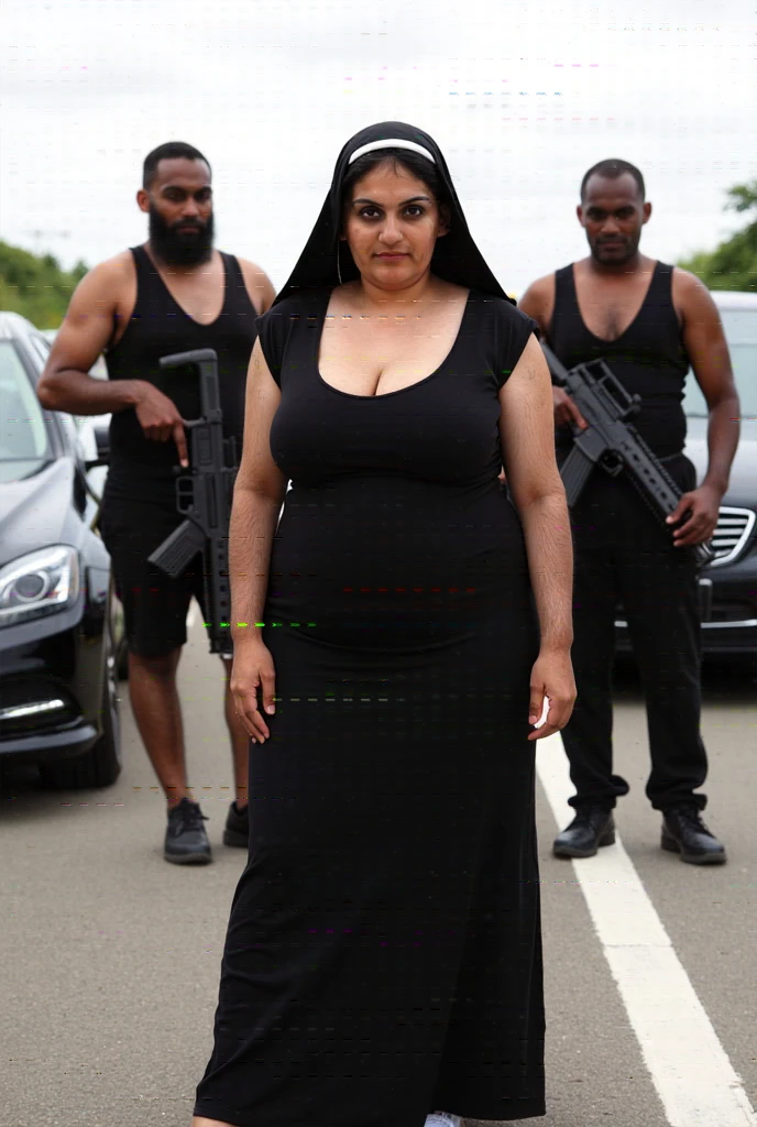 A  mature woman, wearing a black nun dress , without bra,very serious, showing off her big breasts, deep cleavage, and round buttocks, standing on the side of a large highway with some body guards. They are big, muscular African men, wearing black v shape innerwer, top less , holding M-24 guns in their hands, standing in a row, behind them are 3 black Benz C class cars.