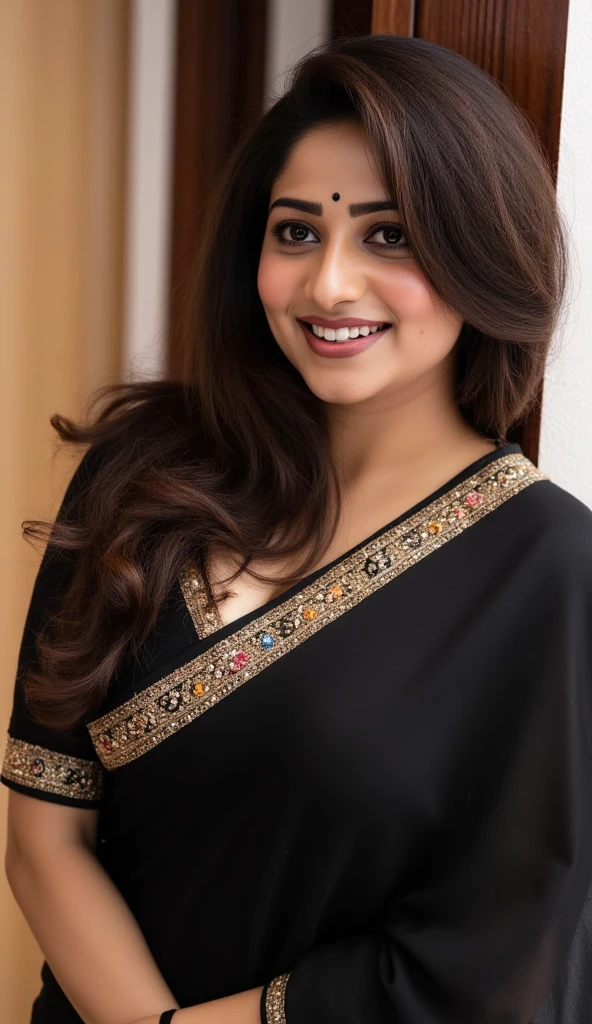  A beautiful indian house wife, beautiful in  sleevelees  black saree,sweaty skin and wet, curly long hair, looking towards the camera, subtle smile(best quality, 4k, 8k, highres, masterpiece:1.2), ultra-detailed, (realistic, photorealistic, photo-realistic:1.37)