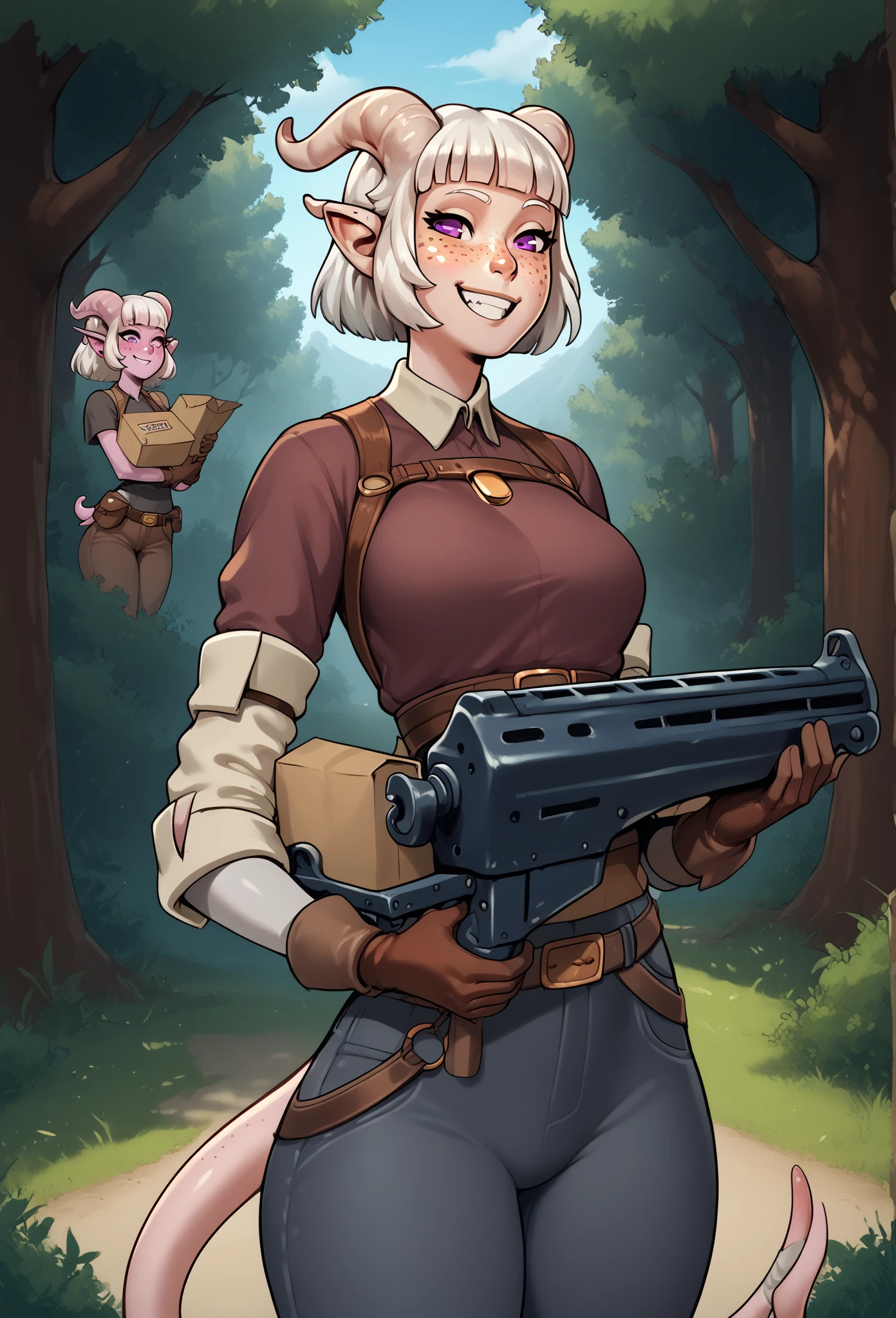 score_9, score_8_up, score_7_up,
  1girl, One, A tiefling, Pointed ears, freckles,  tail, gloves,  white hair, twin косаs, , waist,  colored skin,  trousers ,  shirt ,  style to blush, belt,  , blunt bangs,   purple eyes , smile,  leather delivery, Crossbow, the forest, Village.
