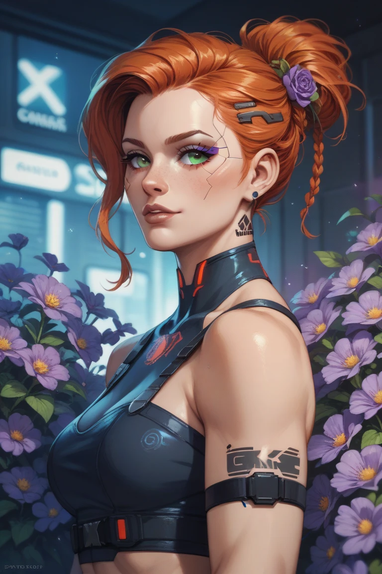 Horse, with horse fur, a cyberpunk styled ginger redhead woman, purple flower fields