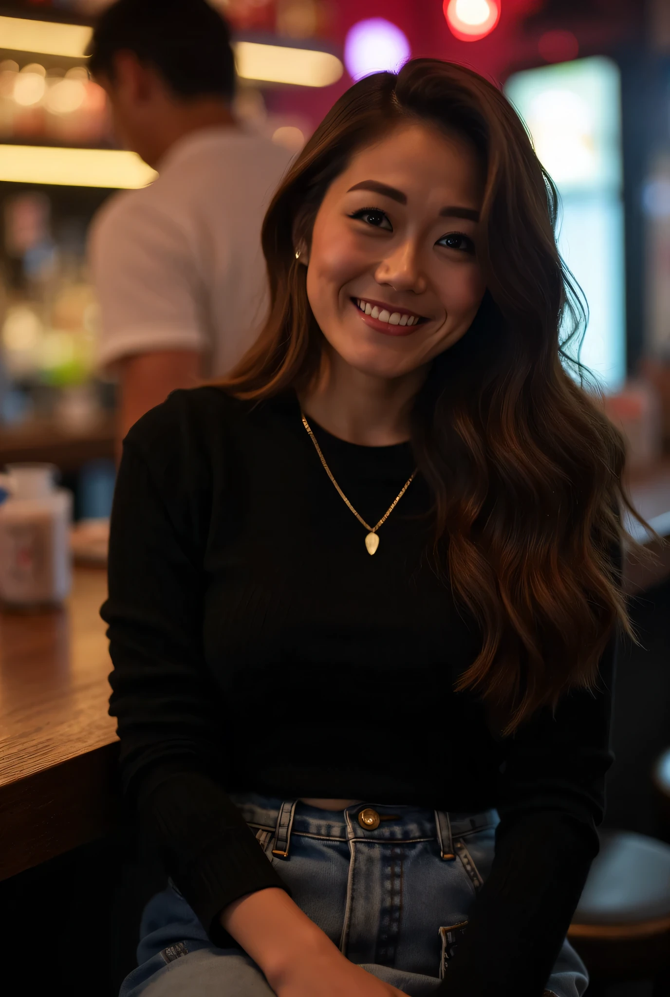 karfuku, siting at the stool of a dimly lit bar.  She has a warm, inviting smile, revealing her straight, white teeth with long, wavy, dark brown hair cascading over her shoulders. She is dressed in a black, tight long-sleeved, knit top, and denim Mid Rise Pleated Skirt. She accessorizes with a gold necklace with a heart pendant. full body, cowboy shot on a Sony Alpha 1 dslr 8k camera. there is a slight bokeh effect and film grain. she is looking at the viewer. Breasts. Pale skin