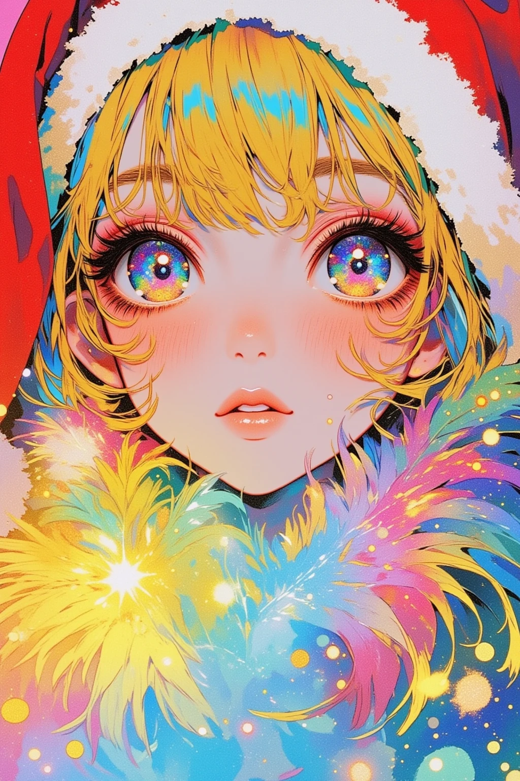 Santa Claus girl with feathers , close-up, angelの輪っか,Iridescent Feathers,Lisa Frank,   Lisa Frank style ,  Leslie David and Lisa Frank ,  Lisa Frank's artistic style , inspired Lisa Frank, Full color airbrush ,  Alex Yanez and Lisa Frank , angel, angelのようなサンタクロースの少女