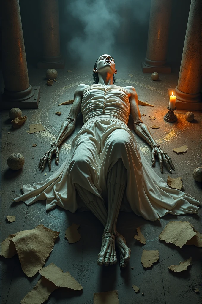Criar um desenho novo realista baseado nessa imagem, Where the body is unbridled, leaving only the arms, the torso and the head, without the eyes, but with a golden crown, as pernas estao cortadas de maneira desproporcional, an opening in the sutured belly that drags up to the neck, The satanic creature only has one hand and it has a magic wand stuck in such a way that it looks fused together. This creature is a cosmic entity and is asleep. Lembrar de gerar uma imagem nova no estilo realista