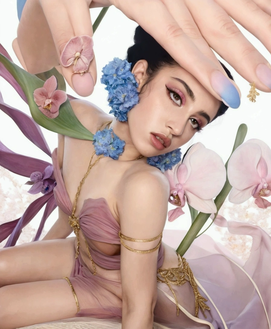 The image is a Kali Uchis, with a delicate and soft style, focusing on her with delicate facial features and a soft, almost sleepy expression. Her skin has a warm, pinkish tone, and her makeup is subtle, accentuating her grayish eyes, which appear contemplative. The Kali Uchis' hair is dark and curly, and partially covered by a seemingly ethereal hand, which reaches over her from above, as if framing her face. 

Kali Uchis is adorned with delicate golden threads that seem to entangle around her body, intertwining with the surrounding flowers. There are numerous flowers of different types, including white and purple orchids, and other pink, purple, and blue flowers, all of a soft and ethereal appearance, which seem to be part of a floral composition that surrounds Kali Uchis. Some flowers seem to float freely while others are attached to her body. There are small, delicate butterflies scattered throughout the composition, adding to the dreamlike atmosphere. 

 There are a few items that appear to be pastel-colored shoes or accessories (pink, light green, and blue) intertwined with the gold threads and flowers. The background is a soft, indistinct pink tone, which helps the female figure and flowers stand out.

The overall atmosphere of the image is dreamlike, ethereal, and romantic. The soft, pastel colors, flowing shapes, and composition help create a sense of tranquility and delicate beauty. There is no sense of conflict or tension; the mood is dreamy and calm. The lack of a defined context reinforces the abstract and evocative nature of the image.