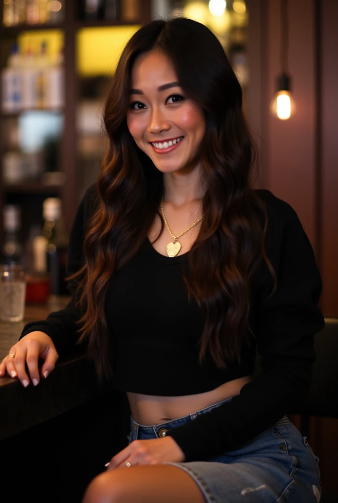 karfuku, siting at the stool of a dimly lit bar.  She has a warm, inviting smile, revealing her straight, white teeth with long, wavy, dark brown hair cascading over her shoulders. She is dressed in a black, tight, sports top, and denim Mid Rise Pleated Skirt. She accessorizes with a gold necklace with a heart pendant. full body, cowboy shot on a Sony Alpha 1 dslr 8k camera. there is a slight bokeh effect and film grain. she is looking at the viewer. Breasts. Pale skin