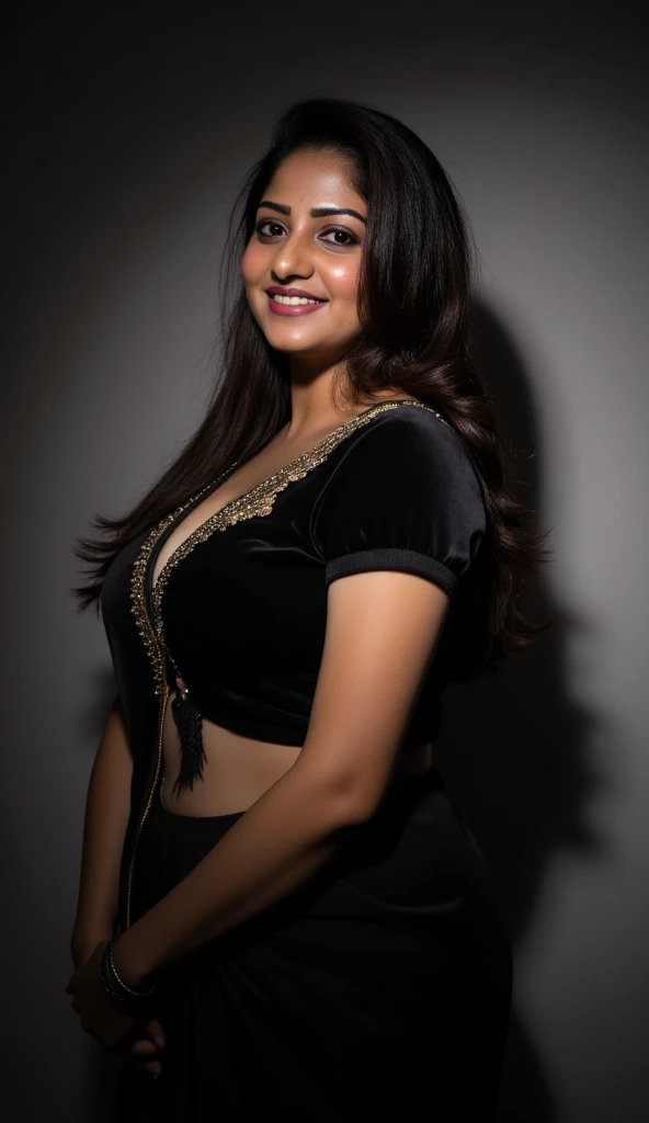  A beautiful indian house wife, beautiful in  sleevelees  black saree,rebrandt lighting scheme, dramatic lighting,curly long hair, looking towards the camera, subtle smile(best quality, 4k, 8k, highres, masterpiece:1.2), ultra-detailed, (realistic, photorealistic, photo-realistic:1.37)