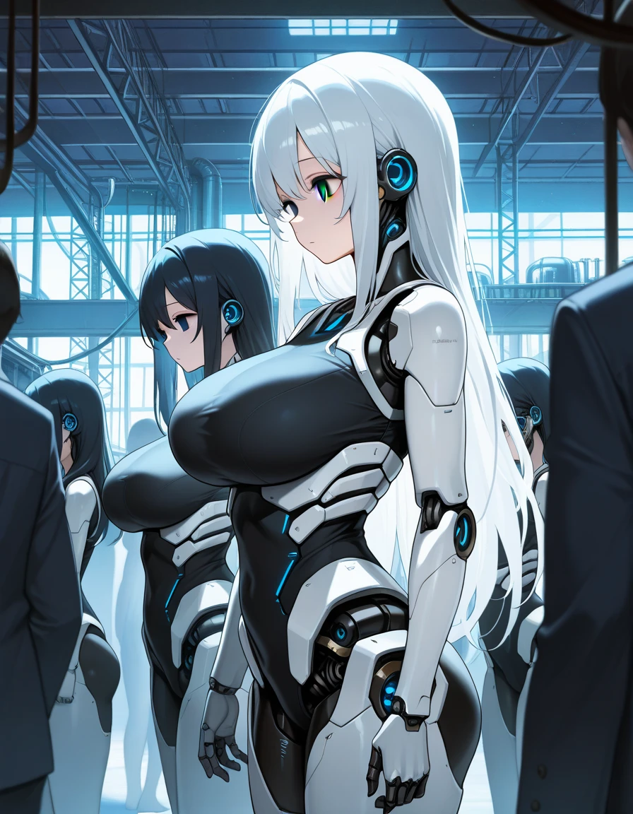 masterpiece,best quality,amazing quality,group shot,(3 cyborg women),standing in the line,blue eyes,large breast,looking dowm,empty eyes,beautiful face,long hair,standing straight,arms straight down,expression less,cowboy shot,from side,factory,indoor,(from below:0.6)