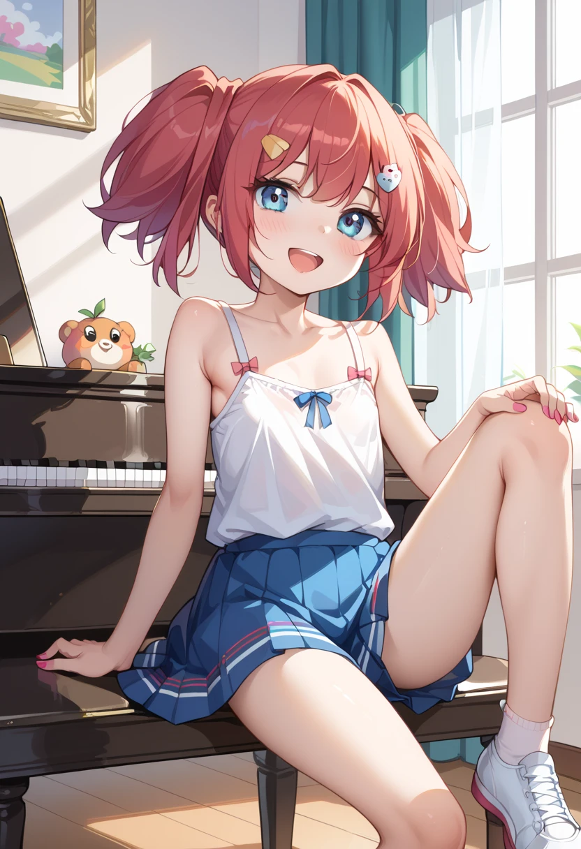 (( top quality )), ((masterpiece)), (be familiar with),  perfect face, indoor, bedroom, Watching viewers,
One woman, Yuen Hui,
 open mouth,  ecstatic expression beside the piano, blush, smile,
 small ,  flat chest, Young girl, Lori,  kids,  girl,
Short Hair,  twin tails,
Leg spread,