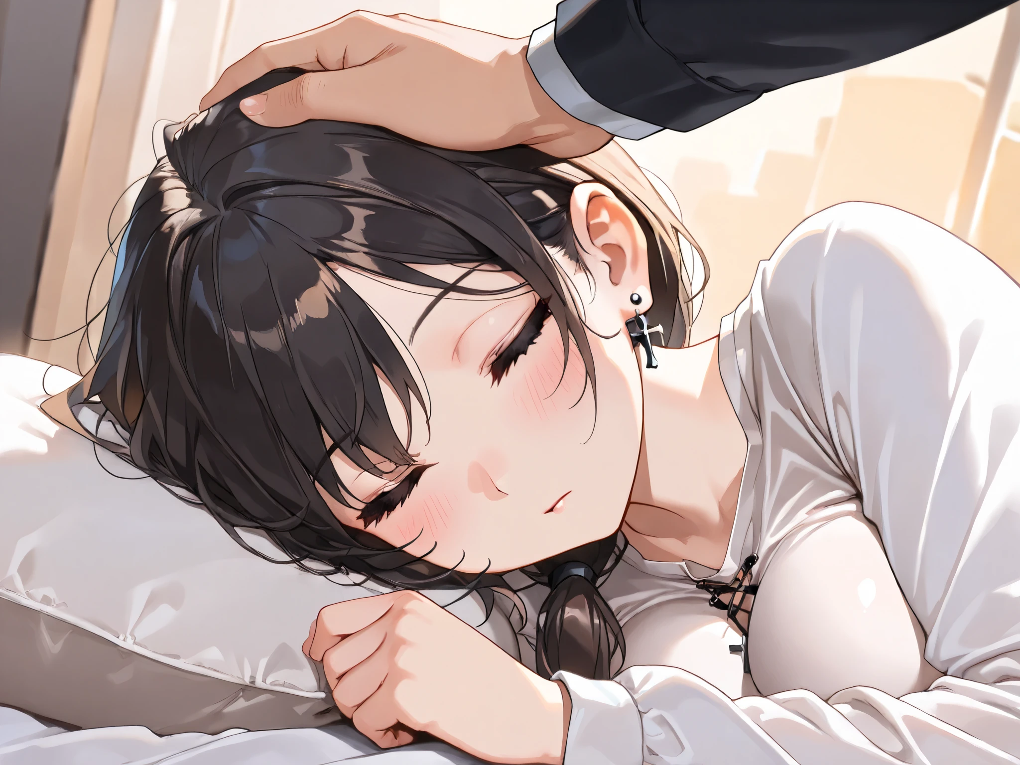 portrait, headpat, pov hands, tired messy shirt, long sleeves, cute girl, solo, short hair, ponytail hair, Black hair with brown ends, large breasts, cross Pierced earrings, blush, flawless smooth skin, looking at viewer, sleeping, 💤, closed eyes, lying, lying on side, indoors, (best quality,4k,8k,highres,masterpiece:1.2),ultra-detailed,intricate details, high fashion, dramatic lighting, warm colors, chiaroscuro