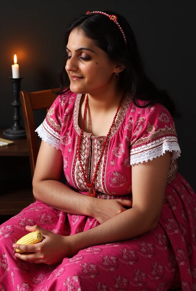 masterpiece, relist, Mexican Mayan indigenous woman, with a Mexican embroidered huipil, loving her , and held a corn cob, sitting on a rebozo, and a candle illuminating her face, dark background, high contrast, baroque painting, Caravaggio, Look in detail, Awesome, Uman Damle's photography style, dark background negro,