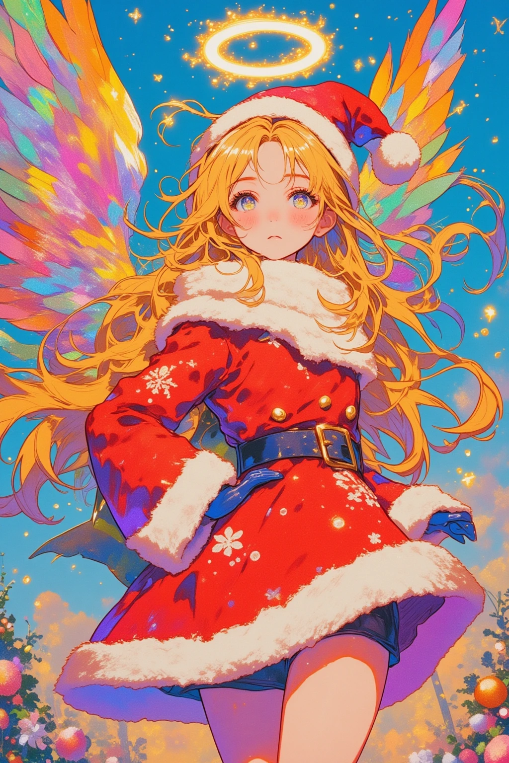 Santa Claus girl with feathers ,angelの輪っか,Iridescent Feathers,Lisa Frank,   Lisa Frank style ,  Leslie David and Lisa Frank ,  Lisa Frank's artistic style , inspired Lisa Frank, Full color airbrush ,  Alex Yanez and Lisa Frank , angel, angelのようなサンタクロースの少女, Wide Shot 