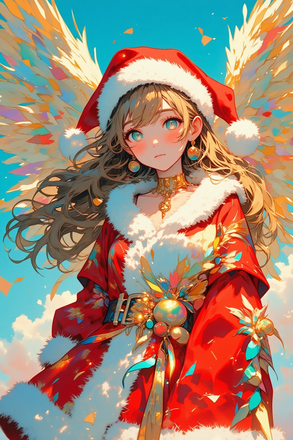 Santa Claus girl with feathers ,angelの輪っか,Iridescent Feathers,Lisa Frank,   Lisa Frank style ,  Leslie David and Lisa Frank ,  Lisa Frank's artistic style , inspired Lisa Frank, Full color airbrush ,  Alex Yanez and Lisa Frank , angel, angelのようなサンタクロースの少女, Wide Shot 