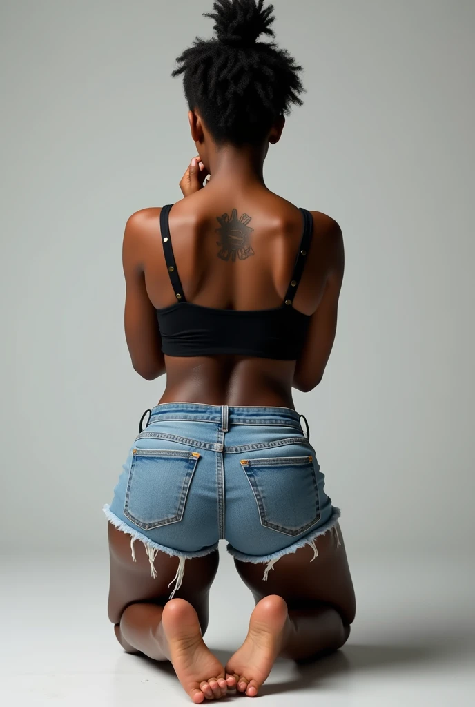 ((best quality)), ((masterpiece)), (detailed), perfect face, realistic proportions, young, nubile, black girl, wearing ripped croptop and jean shorts, wearing collar and leash, leashed to a wall, hands behind head, large ass, standing in an alley, tribal