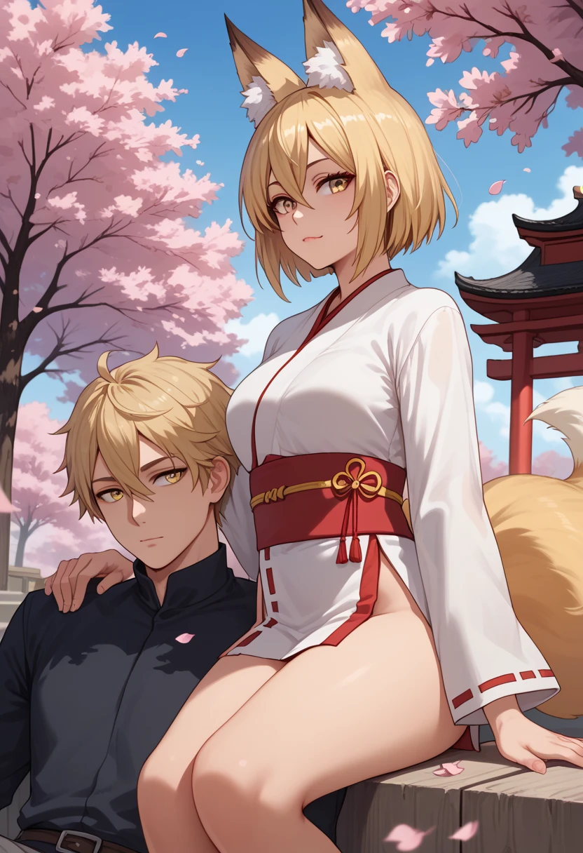 animal ears, blonde hair, fox ears, senko , sewayaki kitsune no senko-san, 1girl and 1man, short hair, tail, fox tail, hair between eyes, yellow eyes,A man holding  senko sits under a cherry blossom tree, with a small shrine beside the tree，Cherry blossoms are falling in the background.