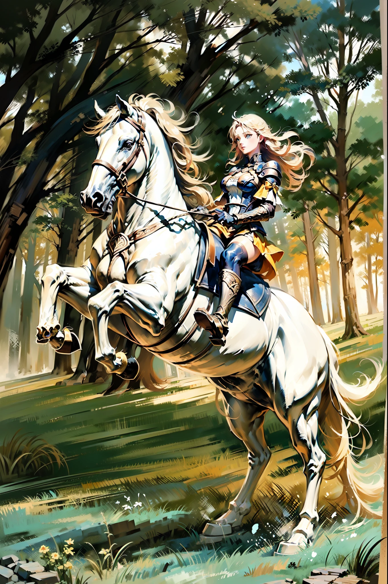 ((best quality)), ((anime masterpiece)), (high detailed), 8k, cinematic lighting, perfect face, large breast, cleavage, (((female knight riding on a WHITE HORSE)), (long curly hair, {blonde hair}, blue eyes), (breastplate, black gloves, shoulder pads, mini miniskirt, bare legs, greaves, yellow boots)), BREAK, (white horse, saddle, reins, bridle), solo, (grassland, medieval settings:1.2), outdoor, both hand holding rein, from side: 1.2, anatomically correct 