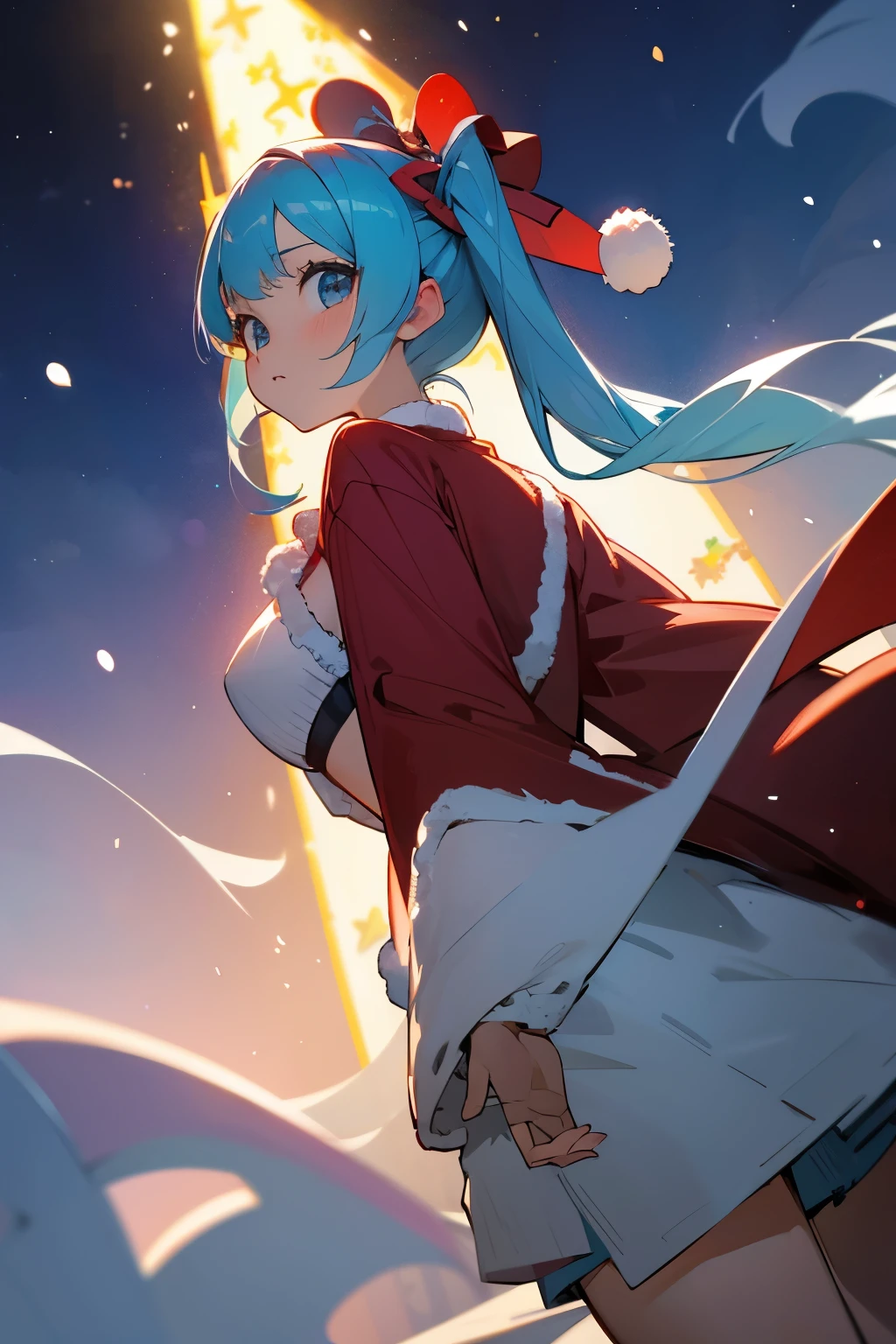 ((top quality)), ((masterpiece)), (Miniskirt with Santa Claus details), Red Santa Dress,perfect face, 1 girl, Aqua Konosuba