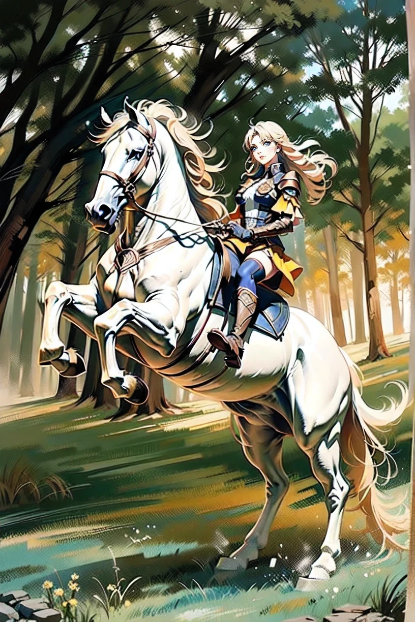 ((best quality)), ((anime masterpiece)), (high detailed), 8k, cinematic lighting, perfect face, large breast, cleavage, (((female knight riding on a WHITE HORSE)), (long curly hair, {blonde hair}, blue eyes), (breastplate, black gloves, shoulder pads, mini miniskirt, bare legs, greaves, yellow boots)), BREAK, (white horse, saddle, reins, bridle), solo, (grassland, medieval settings:1.2), outdoor, both hand holding rein, from side: 1.2, anatomically correct 