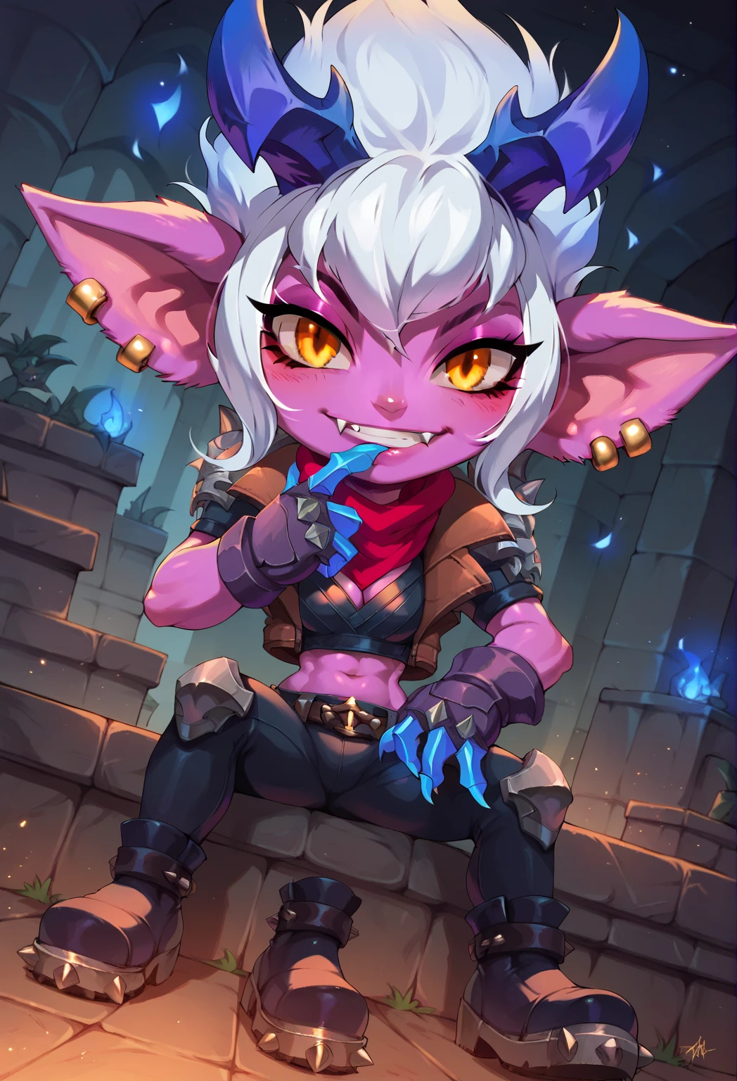 score_9, score_8_up, score_7_up, score_6_up, ultra quality, full body, 1girl, DTristana, curvy figure, shortstack, yordle, demon girl, purple skin, white hair, demon horns, orange eyes, slit pupils, fangs, crop jacket, red scarf, belt, clenching teeth, smile, animal ears, 4 fingers, gloves, demon hands, leg bent, dutch angle, leggings, boots, sitting, scratching chin, thinking, dynamic pose, looking at viewer, hell, 4k, vibrant colors