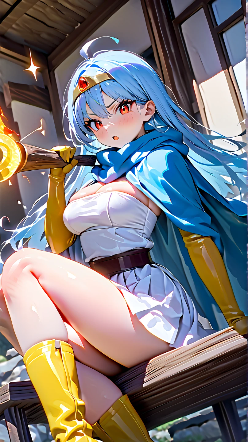 (                       girl),(  top quality , 8k, masterpiece:1.3),(                                 beautiful eyes , )(                                  medium breasts   ),( Amazing vibe                                   ),                                   Ultra-fine       , Sparkle Effect,           

 serious face,
                       open your mouth slightly                      ,       
         clevis on a stone,

,
        White Strapless Dress      ,  white mini skirt,Brown belt,      yellow elbow gloves     ,Yellow Boots,

         Light Blue Long Hair ,         red eyes,      BLUE SCARF , blue cloak


Gold circlet red jewel ,


Release the magic of fire from your hands , Magic Rim, The skirt is turned over and white panties are visible,