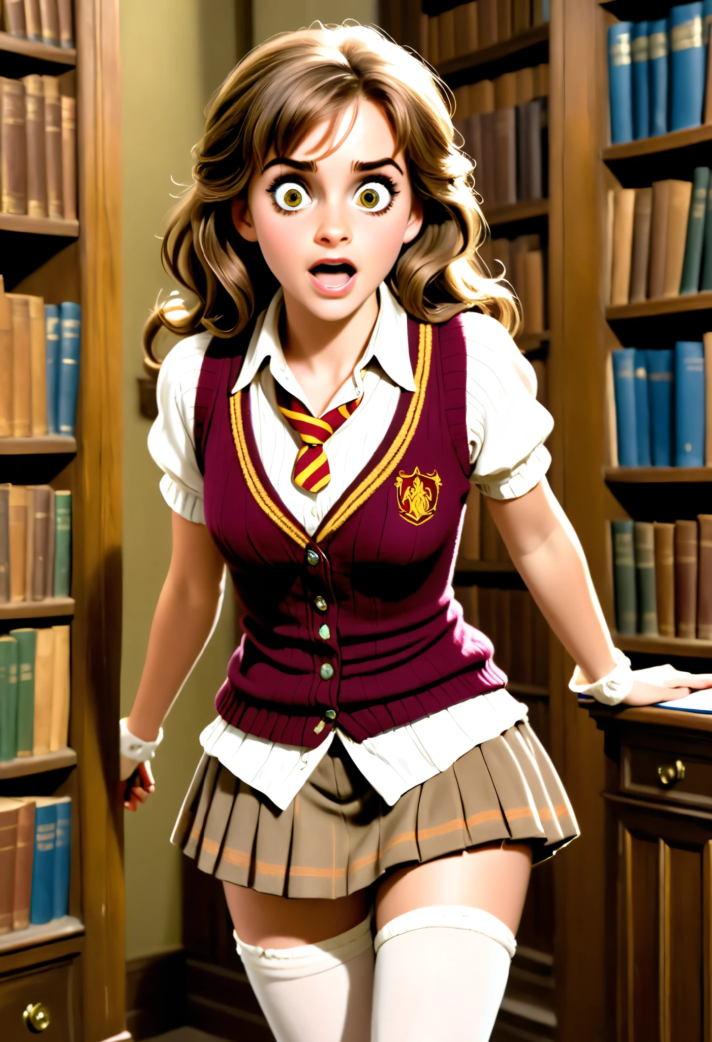 4k, fine detail, masterpiece, high quality eyes, high detail painting, soft shadows, best character art , 1 girl, solo girl, half nude, open unbuttoned shirt, small breasts, bare midriff, black border, black legwear, brown hair, blush, brown eyes, curly hair, drill hair, freckles, hogwarts , letterboxed, lips, long hair, necktie, pussy, ringlets, shirt,running down a school corridor with her skirt blowing up and showing her panties, thighhighs,