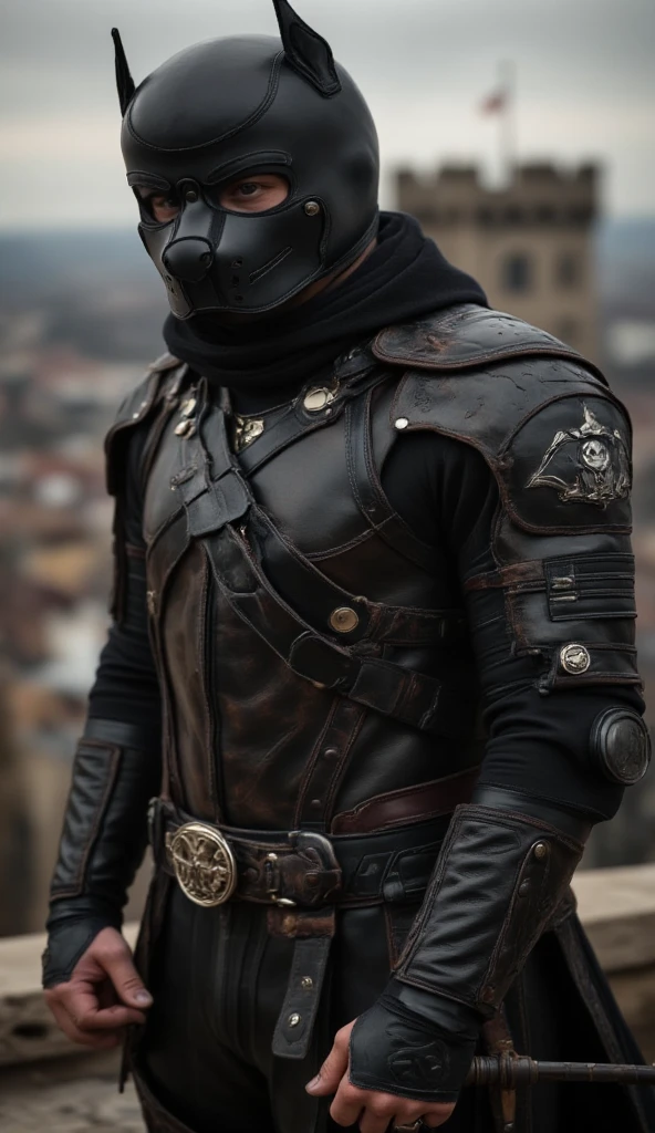 A full-body image of a muscular adult male.black leather full-body image 、face mask and mask hood, .black Skull Tactical Messenger Face Mask.a hooded person in invisible armor . wears leather armor, Tights.epic ninja suit, rogue.Leather fit to cover the whole body. smooth leather .Boy Teenage Assassin , stealth suit , Another World assassin , stand on the roof of a castle. . black night . Dark atmosphere .Low light.Weak lights cast dramatic shadows. Weird Another World atmosphere . Another World city. .whole body image.Handheld composite mechanical giant bow.full body photo.FANTASY
